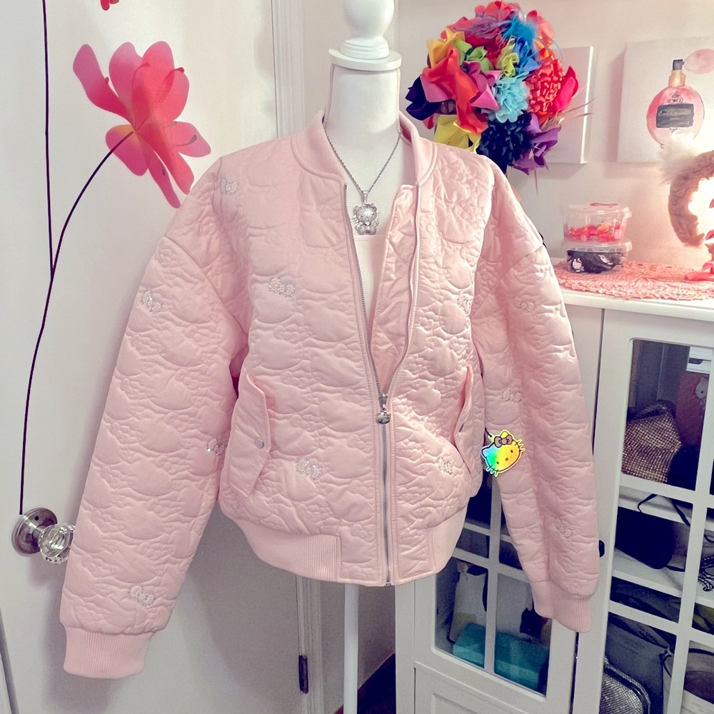 COPY - Pink Hello Kitty Quilted Bomber Jacket w/ Rhinestone Bows. 2024 ed. Fore…